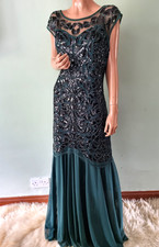 UK:20 Dark Green Sequin Beaded Embellished Evening Gatsby Deco Long Dress