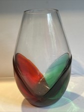 Vintage Polish Art Glass Red Green Tulip Vase