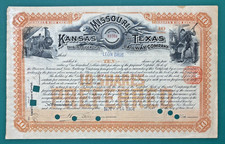 ANTIQUE RAILROAD STOCK CERTIFICATE: 1904 Kansas Missouri & Texas Railway Co.