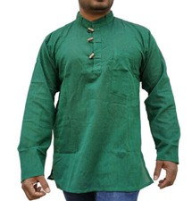 Green Men's Collarless Grandad Kurta Kurtha Shirt Full Sleeve Yoga Wear