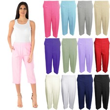 LADIES 3/4 TROUSERS WOMENS THREE QUARTER ELASTICATED WAIST CAPRI CROPPED PANTS