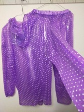 Soft purple PVC vinyl rainsuit translucent hooded jacket pants raincoat