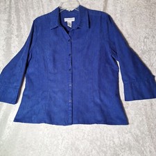 Vtg Sag Harbor 3/4 Sleeve Moleskin Button Embroidered Shirt Women's Blue PXL