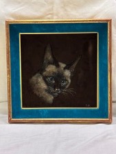 Oil on Velvet Siamese Cat Painting Signed – Blue Velvet Frame