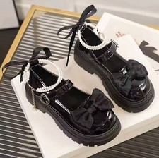 Womens Black Lolita Mary Jane Shoes Gothic Pearl Strap Bow Cosplay pumps
