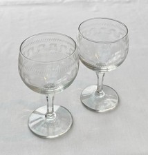 Vintage Pair of Sherry/Port Stemmed Glasses, Greek Key Etching. Clear Glass 