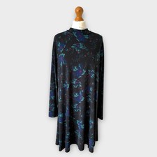 Oliver Bonas Dress Sz 18 Dark Floral Black Teal Blue A-Line Tunic Long Sleeve