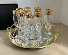 Vintage set 12 gilded champagne flutes + matching mirrored tray special occasion