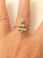 Gold Tone Blue & White Crystal Christmas Tree Cocktail Ring Size Q Gift Pouch