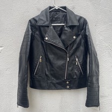 AK Faux Leather Biker Jacket Womens Medium 38” Black Full Zip Quilted Rocker