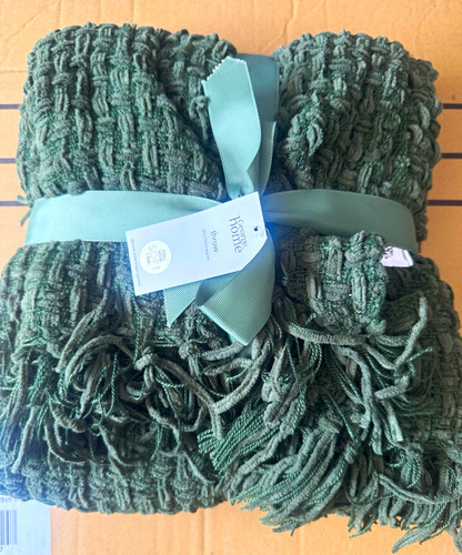 Green waffle fringed sofa - fringed,