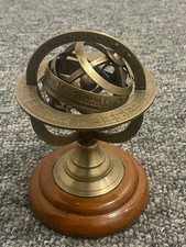 Antique Vintage Brass Armillary Globe Astrolabe Tabletop Sphere With Wooden Base
