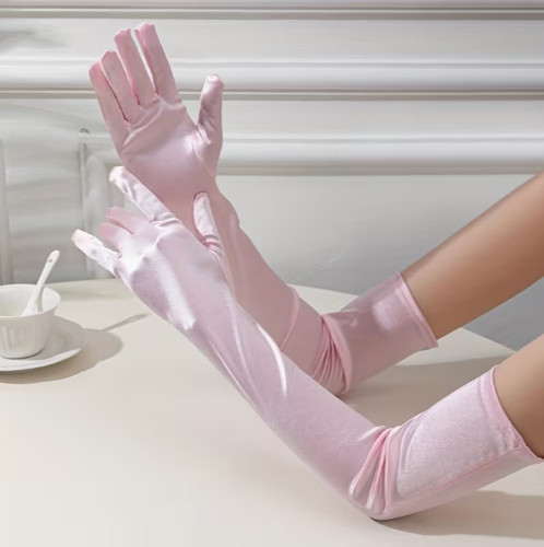 Long pink satin gloves evening - gloves,