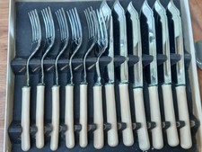 Vintage Set Of 12 Chrome Plate And Faux Bone Handle Fish Knives &Forks - used