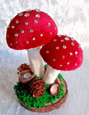 Handcrafted Toadstool Decoration, Velvet Bejewelled Fir cones. Nature Inspired