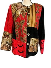 NWT Vtg. Indigo Moon Jacket Sz M, Mixed Tapestry Red/Black, Wood Button QVC