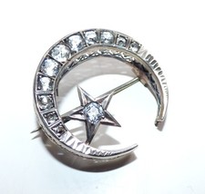 ANTIQUE VICTORIAN SILVER CRESCENT MOON & STAR BROOCH OLD PASTE ORNATE GRILL MOON