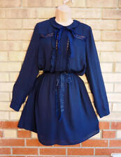 Marks & Spencer navy blue lace trim long sleeve belt a line casual dress 12 M