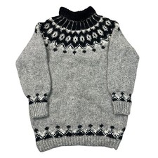 Vintage Icelandic Knit Jumper Wool Fair Isle Sweater Grey Womens Small