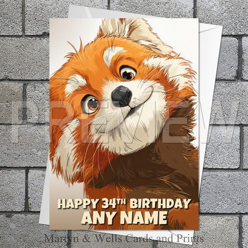 Red panda birthday card 5x7 - red, card.