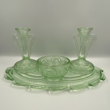 VINTAGE ART DECO BAGLEY & CO GREEN PRESSED GLASS DRESSING TABLE SET, 4 PIECES