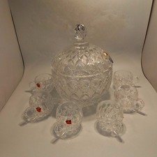 Nachtmann 24% Crystal Punch Bowl Set inc. 6 Cups - Heavy - 12" x 8.5" 