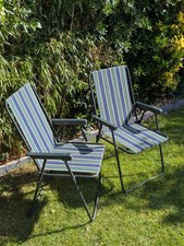 Grand Soleil Vintage Deck Chairs Blue Green Striped Folding Camping Caravan X 2