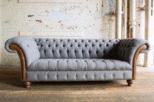 HANDMADE 3 SEATER IRON GREY WOOL CHESTERFIELD SOFA, VINTAGE TAN LEATHER DETAILS