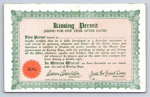 Vintage kissing permit novelty - permit,