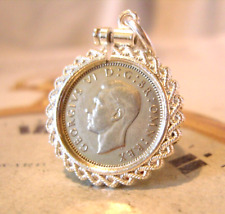 Pocket Watch Chain Silver Sixpence Fob WW2 Vintage 1940 Ornate Silver/P Mount