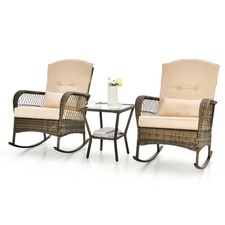 3Pcs Outdoor Garden Rocking Chair Side Table Set Hand-Woven PE Rattan Chairs