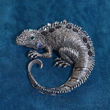 Large Art Deco Style Vintage Enamel Crystal Lizard Brooch Badge Chameleon Pin