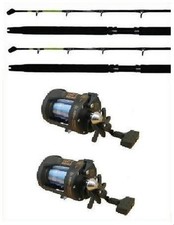 2 X ROLLER TIP BOAT RODS MULTIPLIER FISHING REELS +LINE