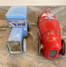 ZC251:  VINTAGE TIN PLATE SILVER CRANE COMPANY DEWEYS TRUCK & M&S RACING CAR