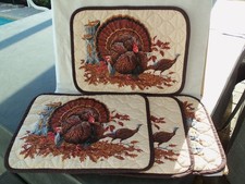 Vtg Turkey Thanksgiving Cloth Quilted Placemats!  SET OF 4!  16 X12"  VERY NICE!
