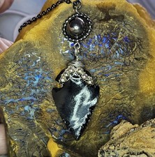 Gunmetal Plated Obsidian Arrowhead Pendant and Necklace