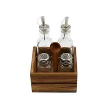 Table Caddy 4 Piece Condiment Set Oil Bottles and Salt & Pepper Acacia Wood
