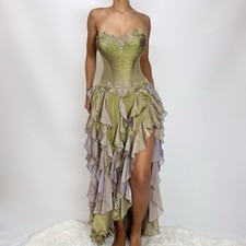 Olive green vintage strapless corset lace up cascade ruffle dress
