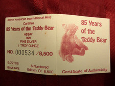 RARE Theodore Roosevelt Teddy Bear Commemorative Coin 1988 w/COA #534 of 8,500