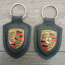 2 porsch 911 Boxster Cayenne Leather Key Ring Key Chain Crested Black