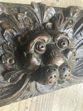 Antique Georgian Oak Lion Acanthus Scrolls Carved Plaque