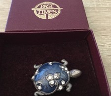 PAST TIMES RARE ART DECO BLUE TURTLE SILVER PLATED BROOCH ENAMELLED/CRYSTALS