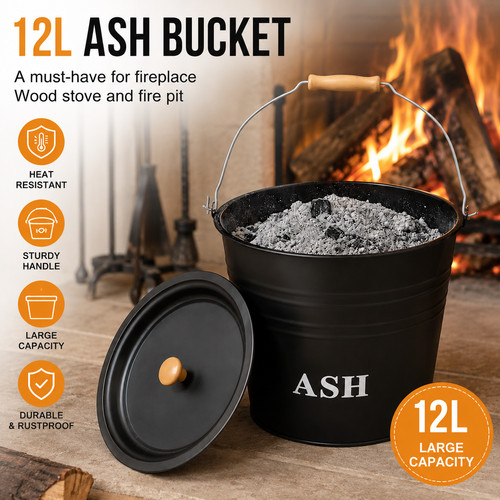 12l covered metal ash bucket - 12l,