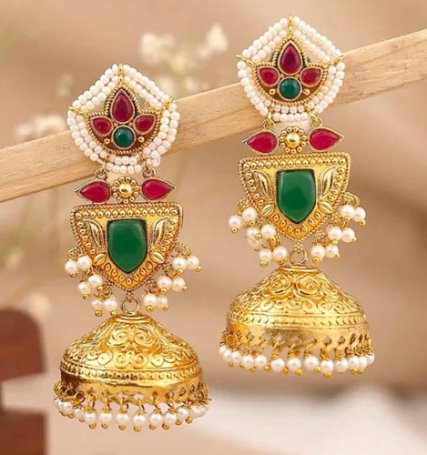 Gold jhumka with - green, red