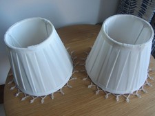 PAIR OF VINTAGE PLEATED AND BEADED WHITE SHADES FULLY LINED 19CMS DIAMETER