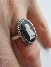 Vintage Silver Wedgwood CAMEO Black Jasperware RING Greek Goddess UK N US: 6-3/4