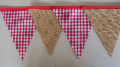 Red gingham hessian fabric - &,