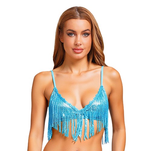 Women shiny sequin tassel bra - shiny,