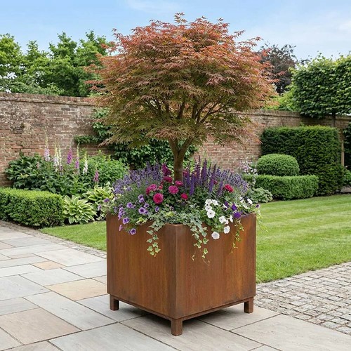 Corten steel cube planter - steel, with