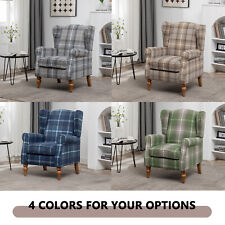 High Wing Back Armchair Tartan Fabric Chair Fireside Seat Living Room Lounge UK